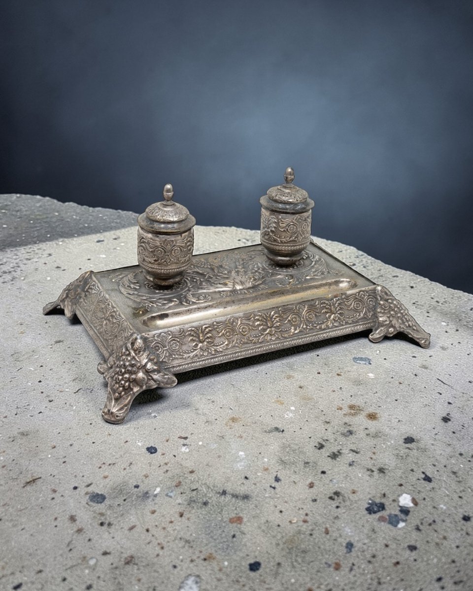 Silver-plated Metal Inkwell – 19th Century-photo-2